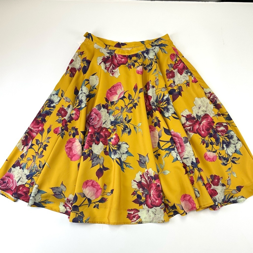 Myrtlewood Yellow Floral Swing Midi Skirt Womens Small circle Aline Flowy